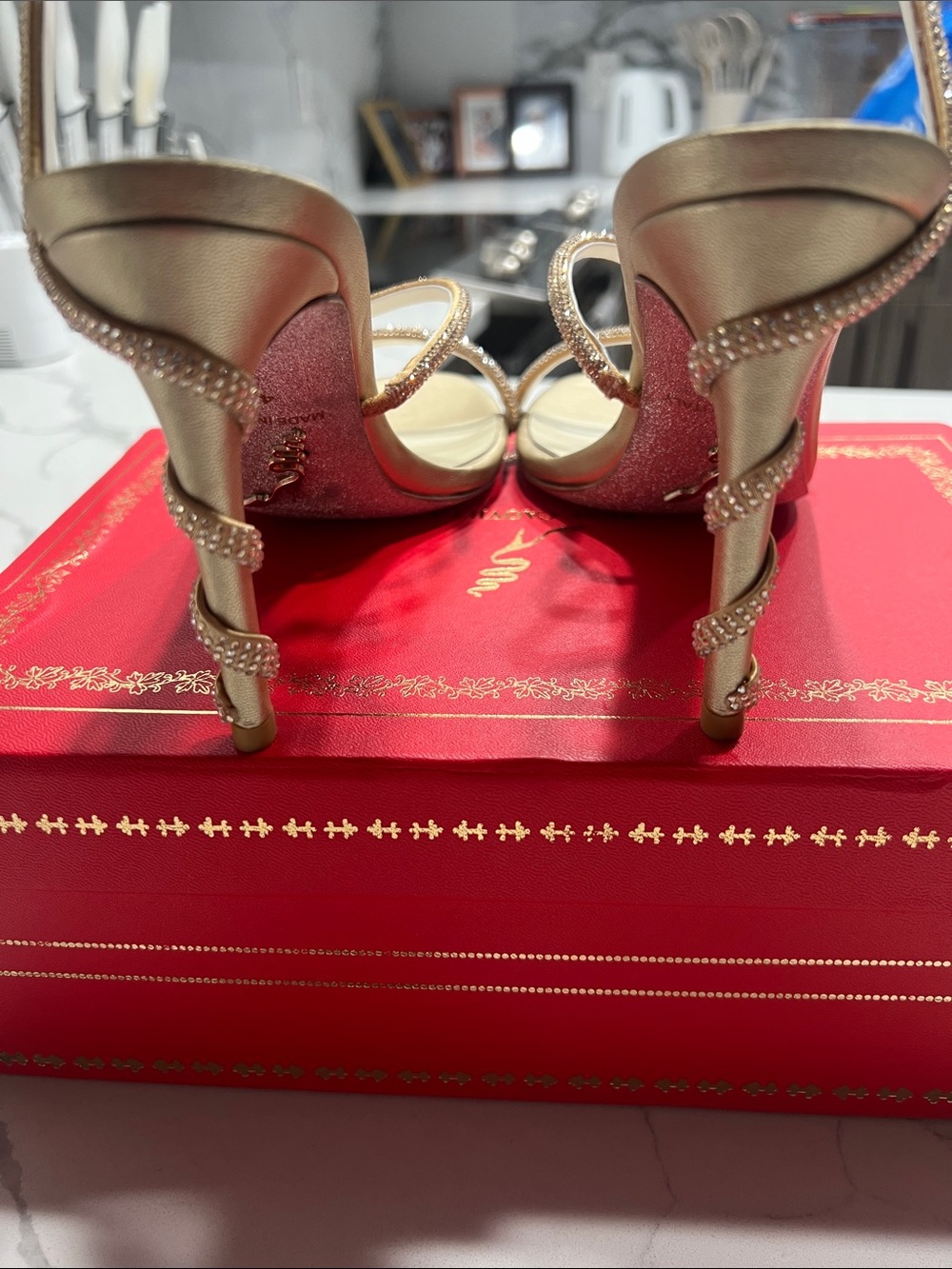 Rene Caovilla Gold Spiral-Strap Stiletto Sandals WORN 1 TIME - Picture 2 of 3